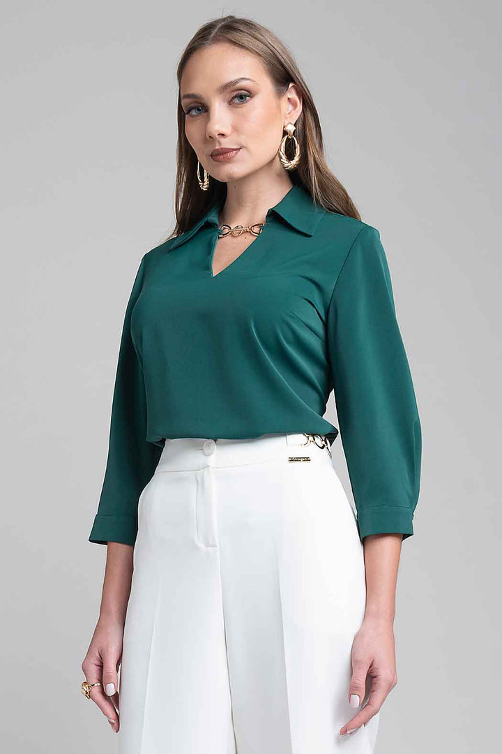 Blusa Lisa Con Cuello V Y Manga 3/4