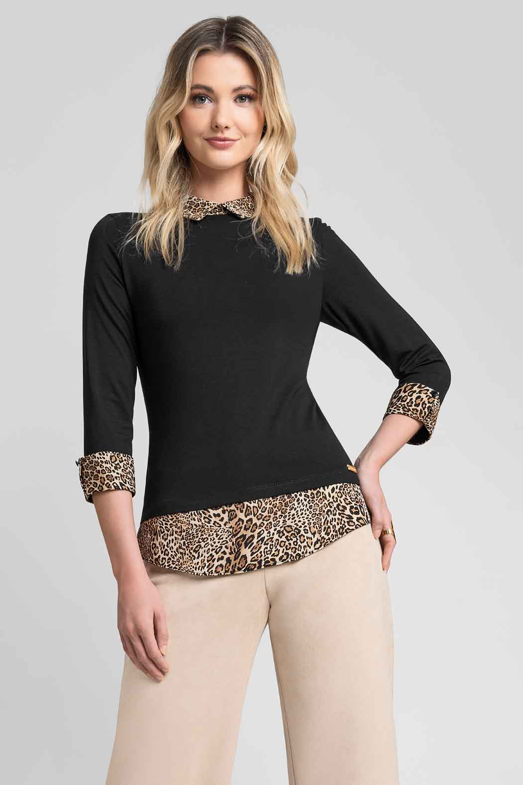 Blusa Con Cuello Camisero De Animal Print