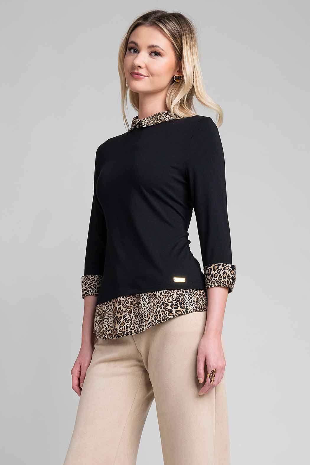 Blusa Con Cuello Camisero De Animal Print