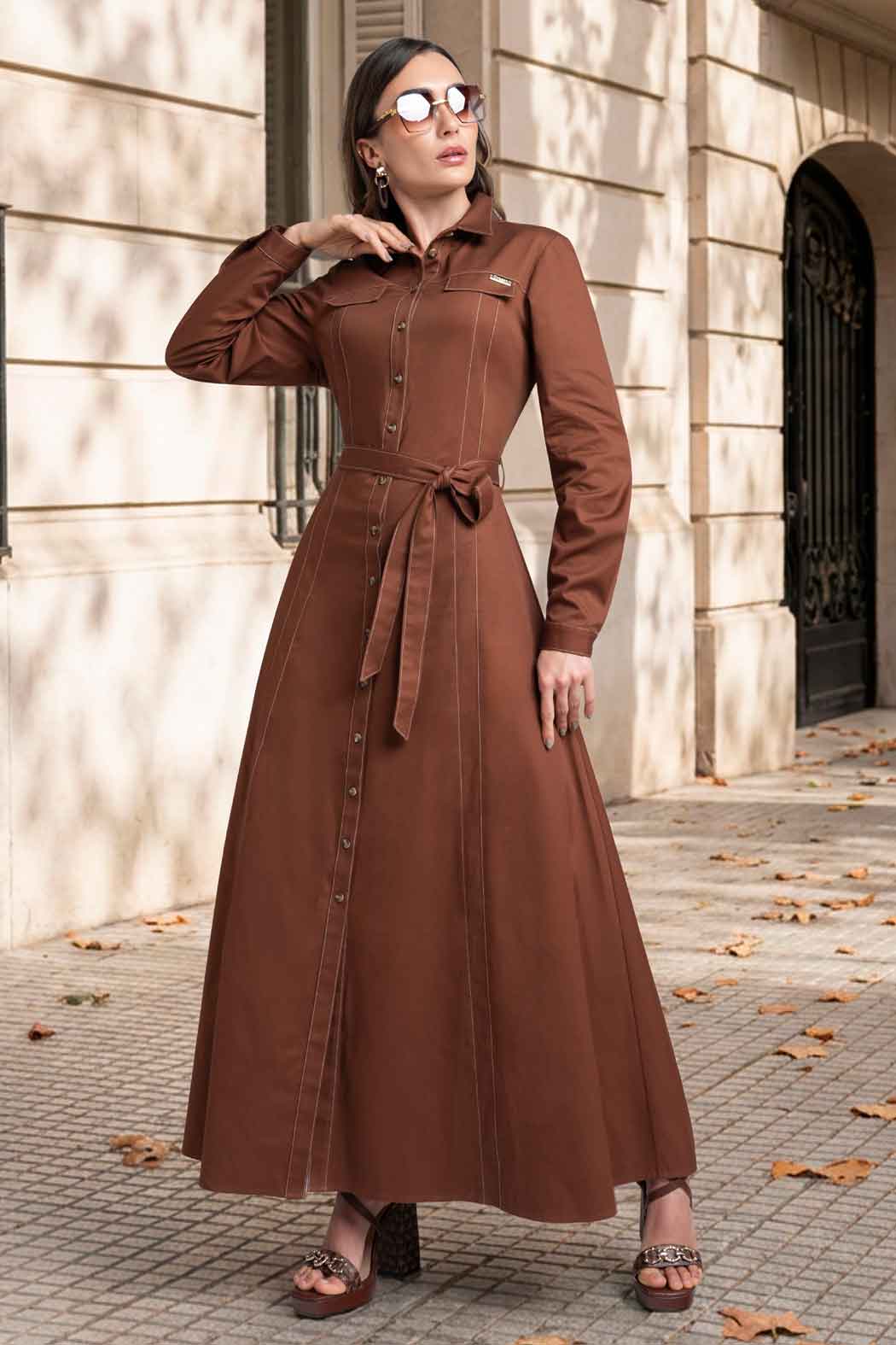 Maxi Vestido Camisero Con Manga Larga
