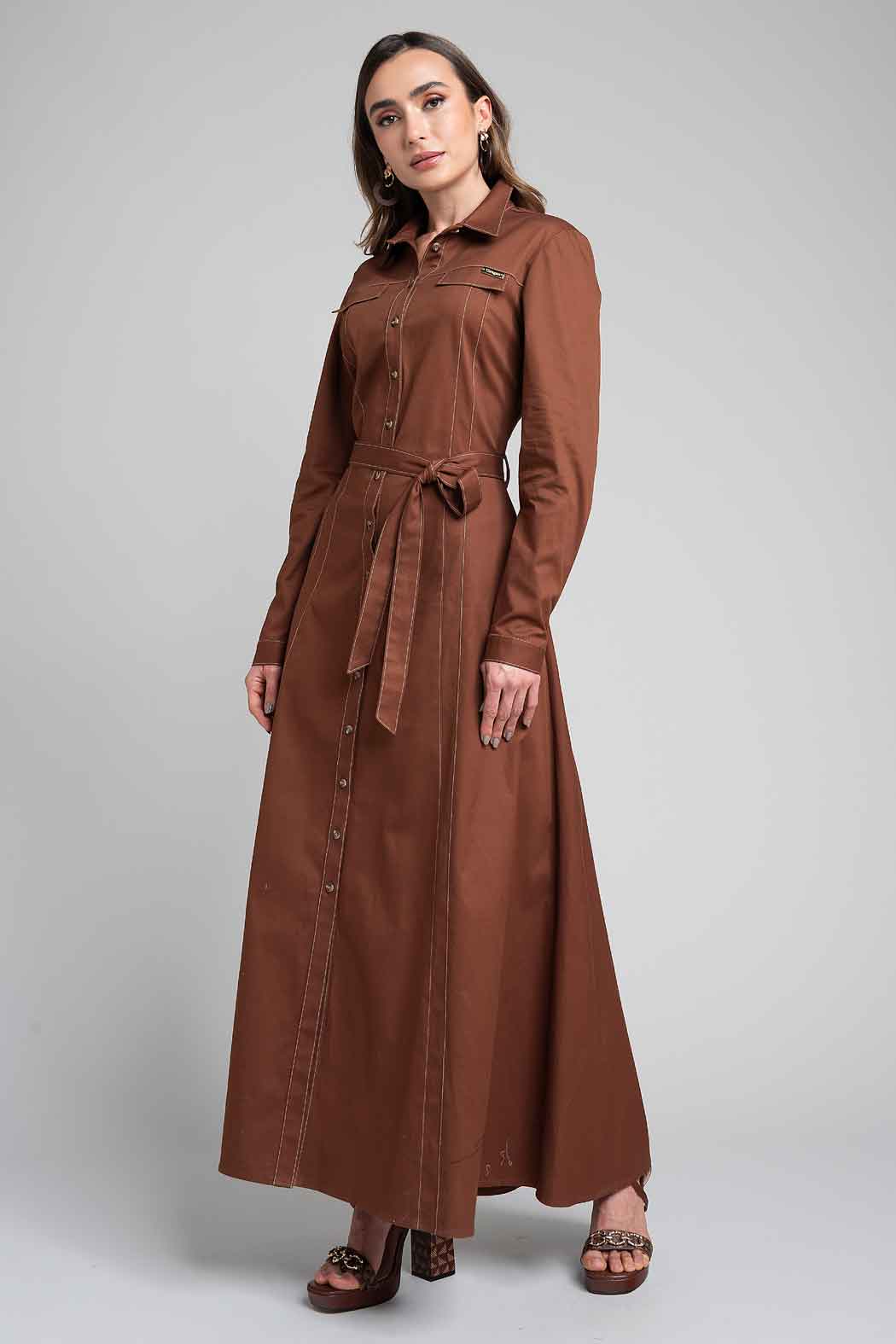 Maxi Vestido Camisero Con Manga Larga