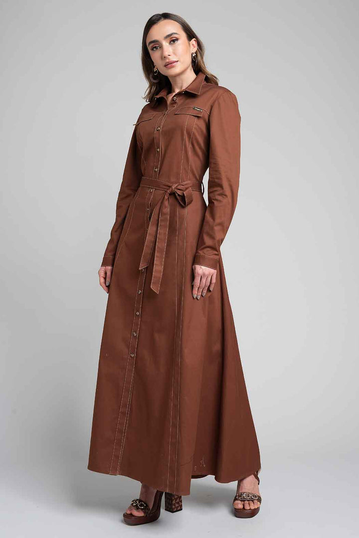 Maxi Vestido Camisero Con Manga Larga