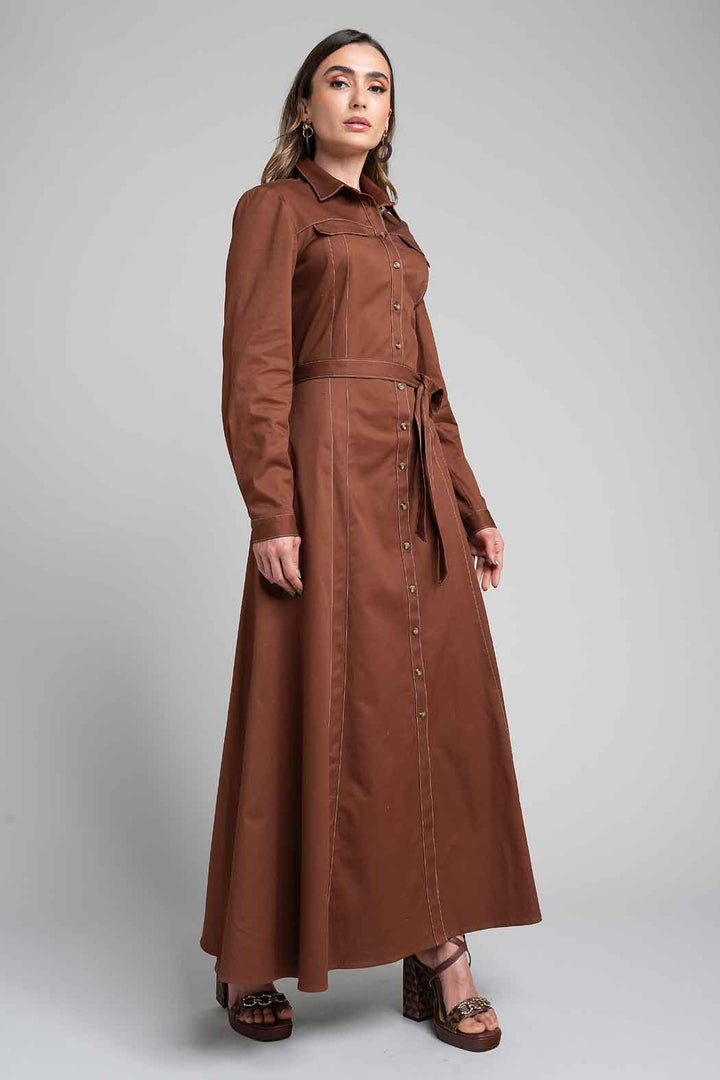 Maxi Vestido Camisero Con Manga Larga