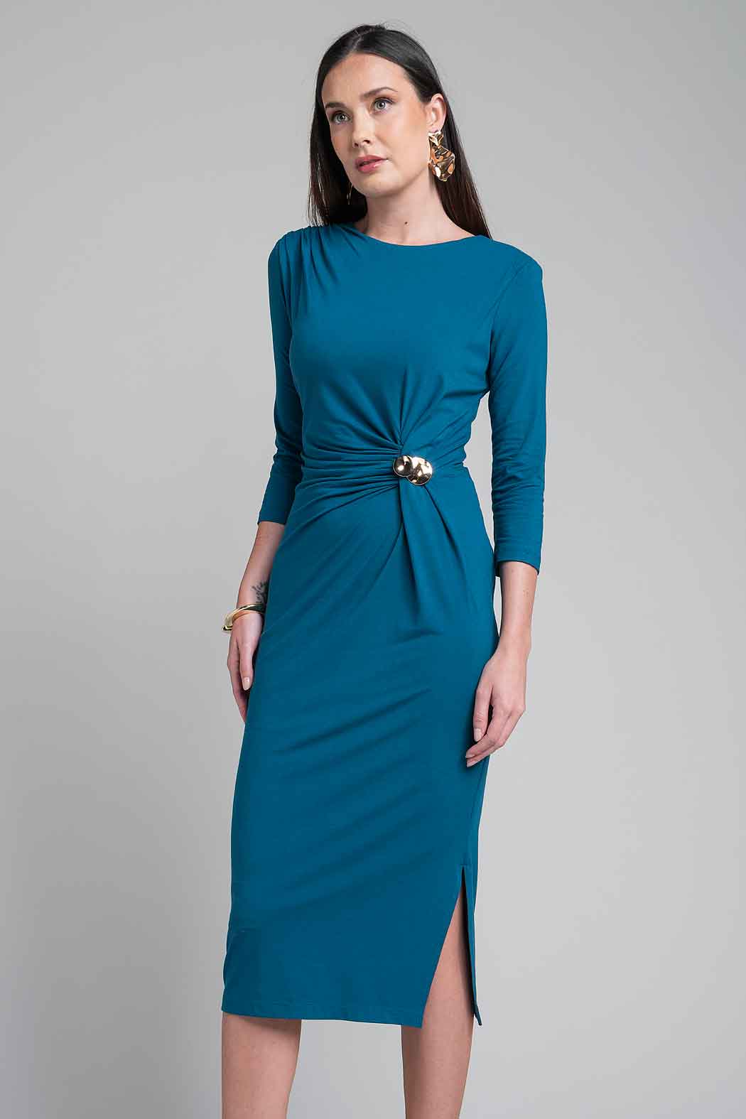 Vestido Con Manga Larga Y Plisado En Cintura