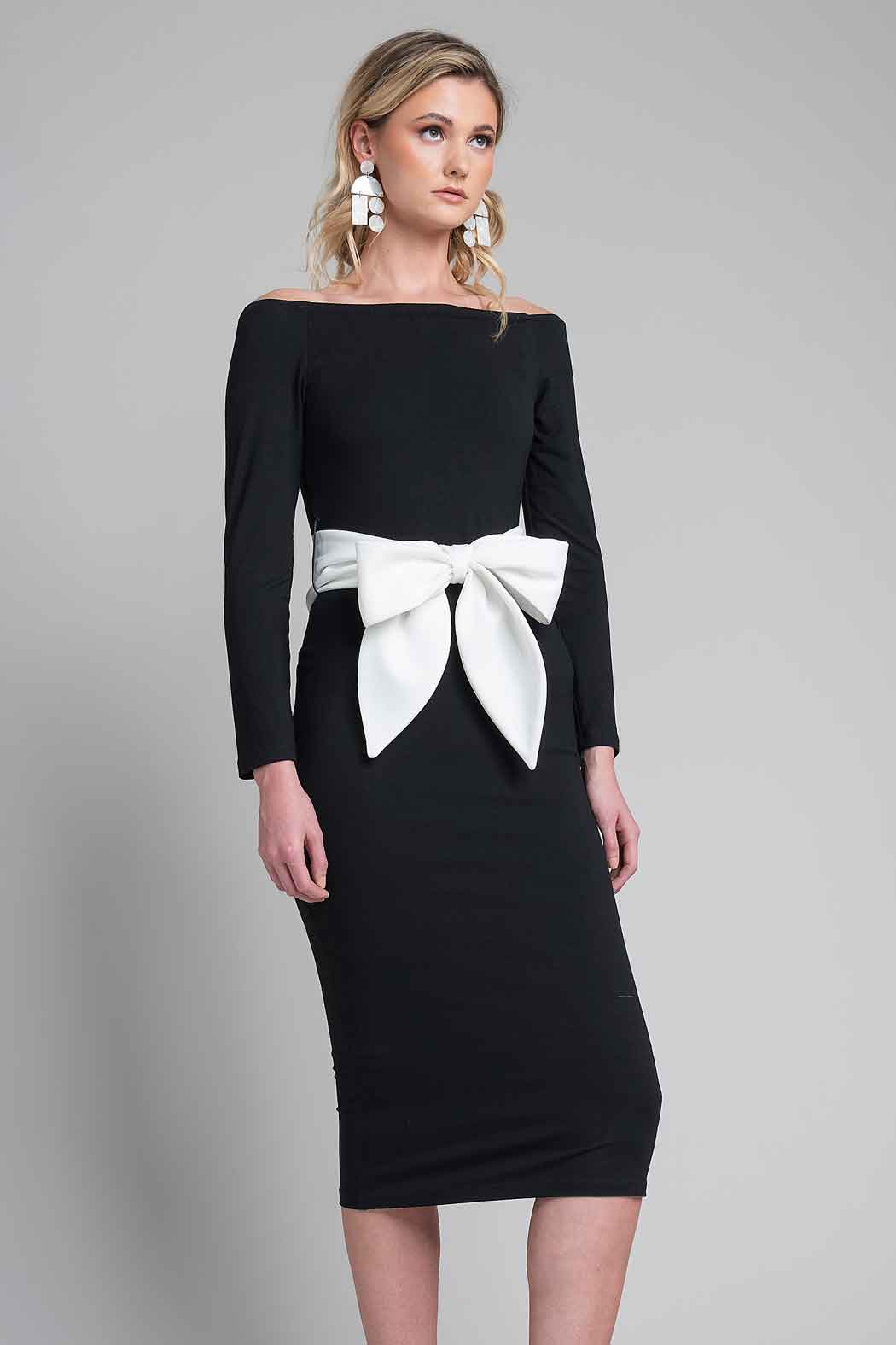 Vestido Con Manga 3/4 Y Cinturon De Moño
