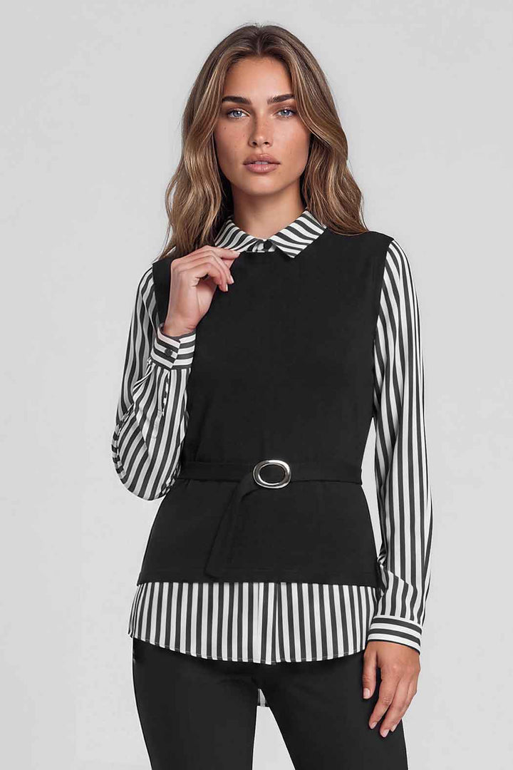 Blusa Camisera Con Franjas Y Cinturon