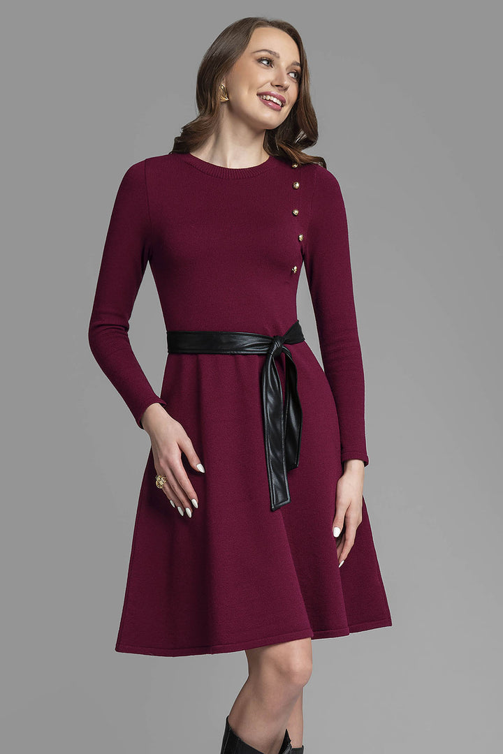 Vestido Liso De Punto Con Manga Larga Y Detalle De Botones Al Frente