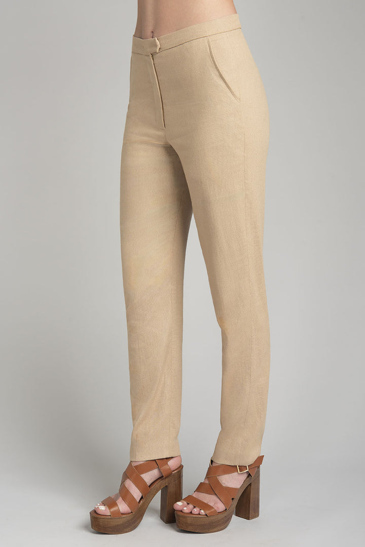 Pantalon De Lino Corte Recto Con Bolsas Laterales