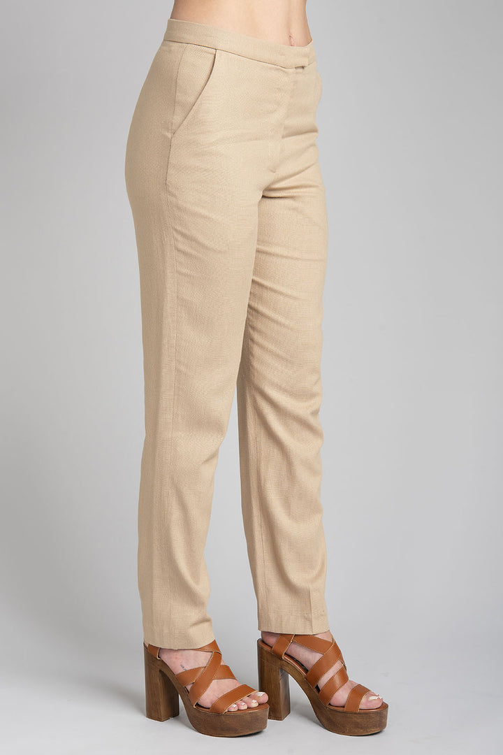 Pantalon De Lino Corte Recto Con Bolsas Laterales