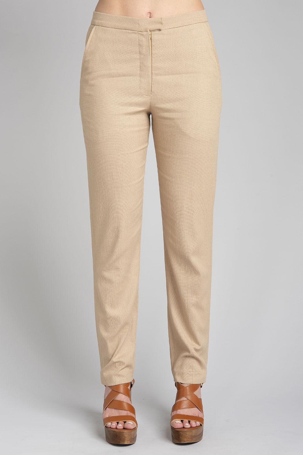 Pantalon De Lino Corte Recto Con Bolsas Laterales