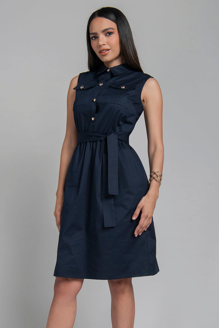 Vestido Liso Sin Mangas Con Botones Al Frente