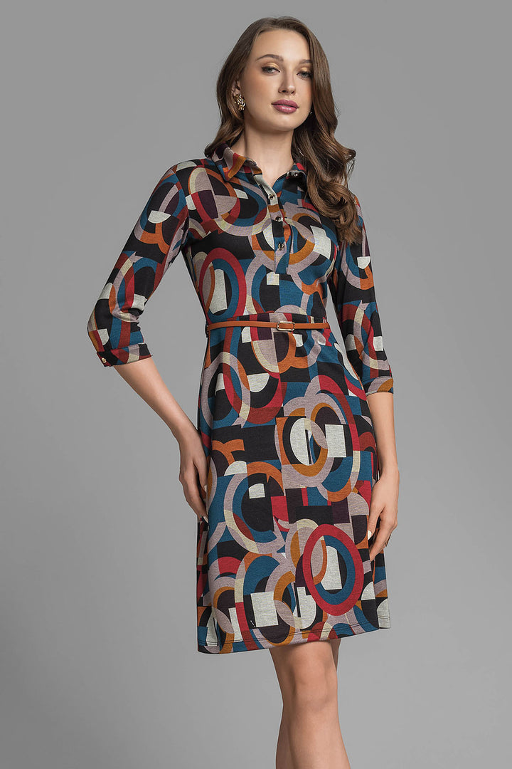 Vestido Corto Estampado Con Cinturon Y Manga 3/4