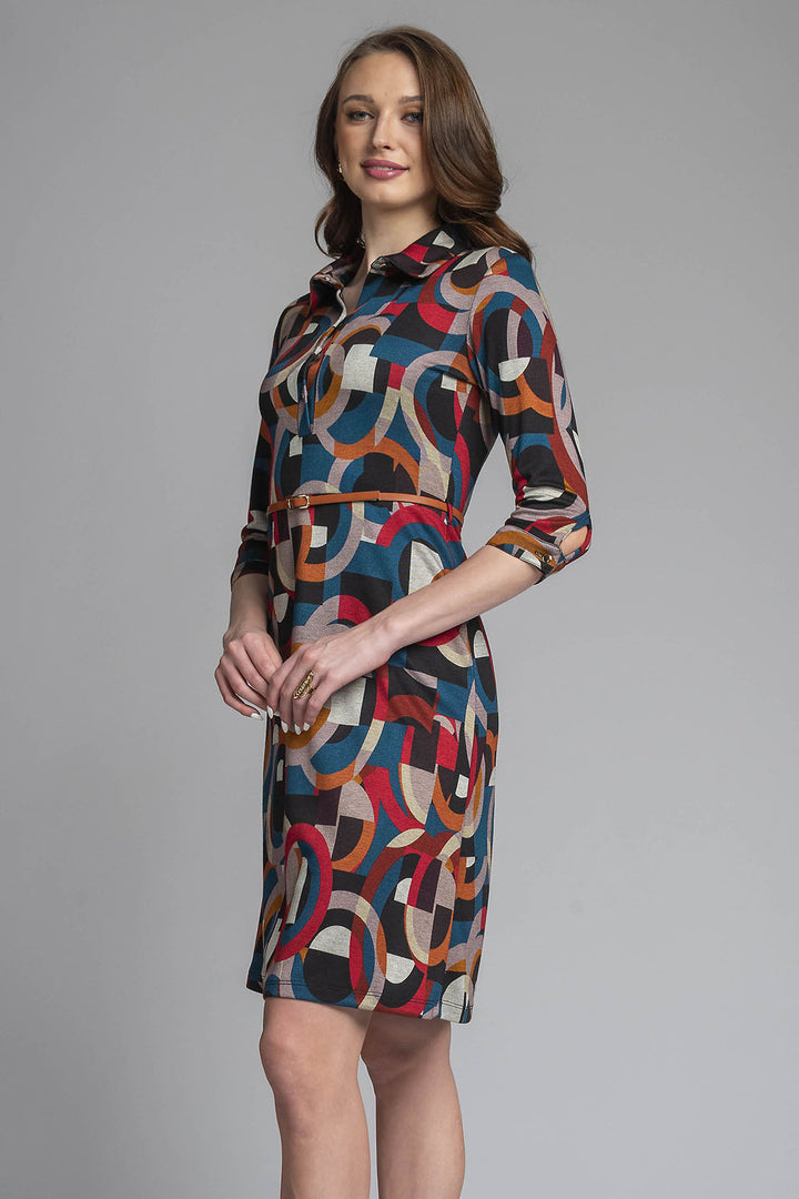 Vestido Corto Estampado Con Cinturon Y Manga 3/4