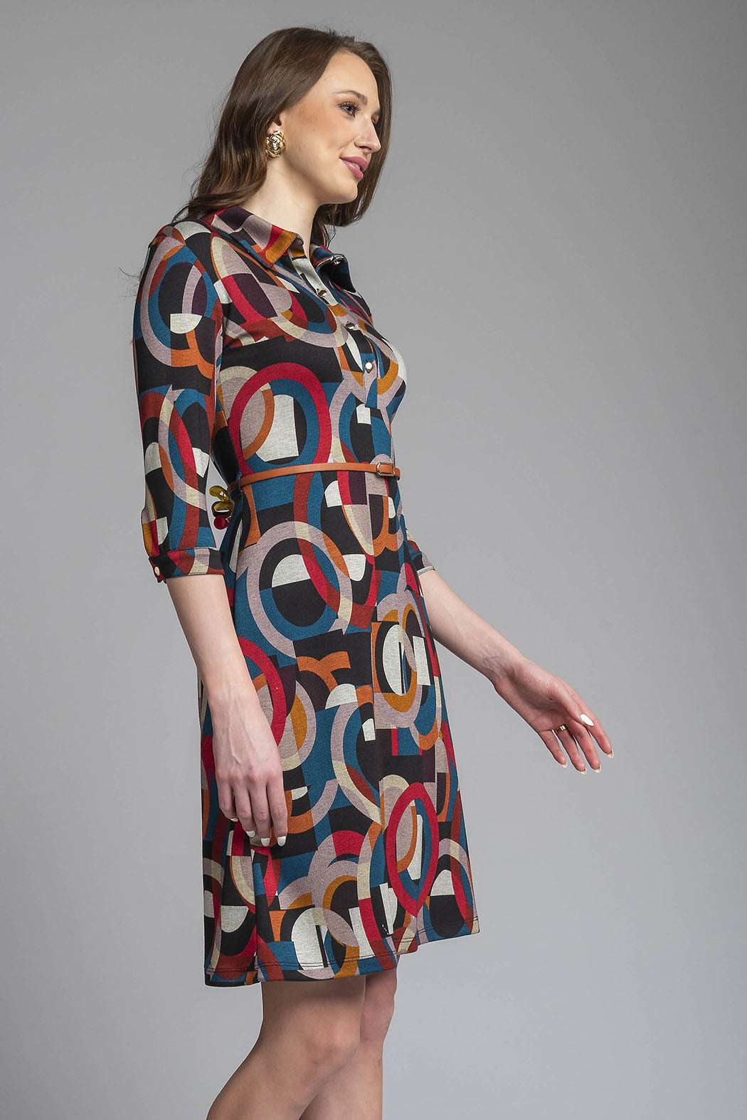 Vestido Corto Estampado Con Cinturon Y Manga 3/4