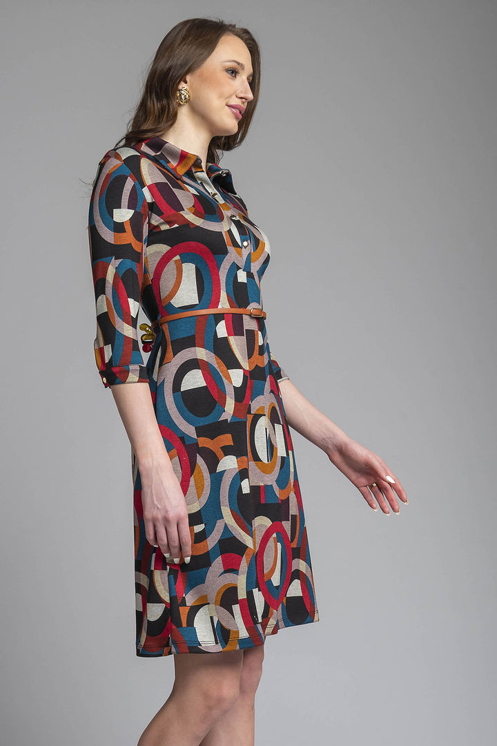 Vestido Corto Estampado Con Cinturon Y Manga 3/4