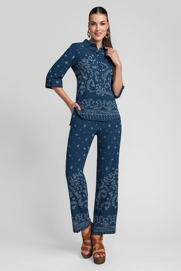 Conjunto De Blusa Con Manga 3/4 Y Pantalon Estampado