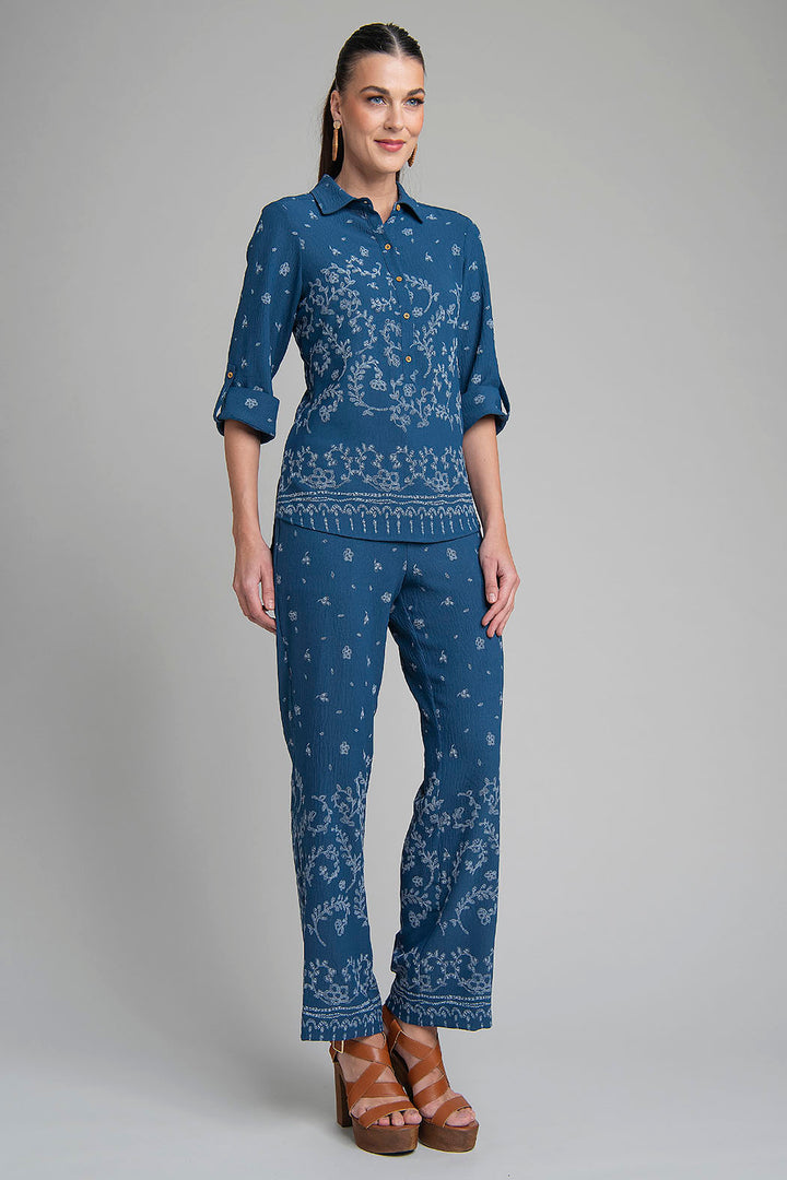 Conjunto De Blusa Con Manga 3/4 Y Pantalon Estampado