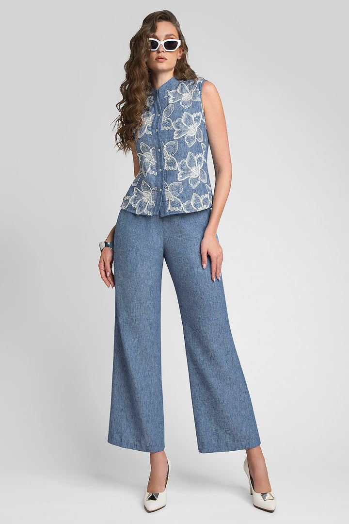 Conjunto De Blusa Sin Mangas Estampada Y Pantalon Liso