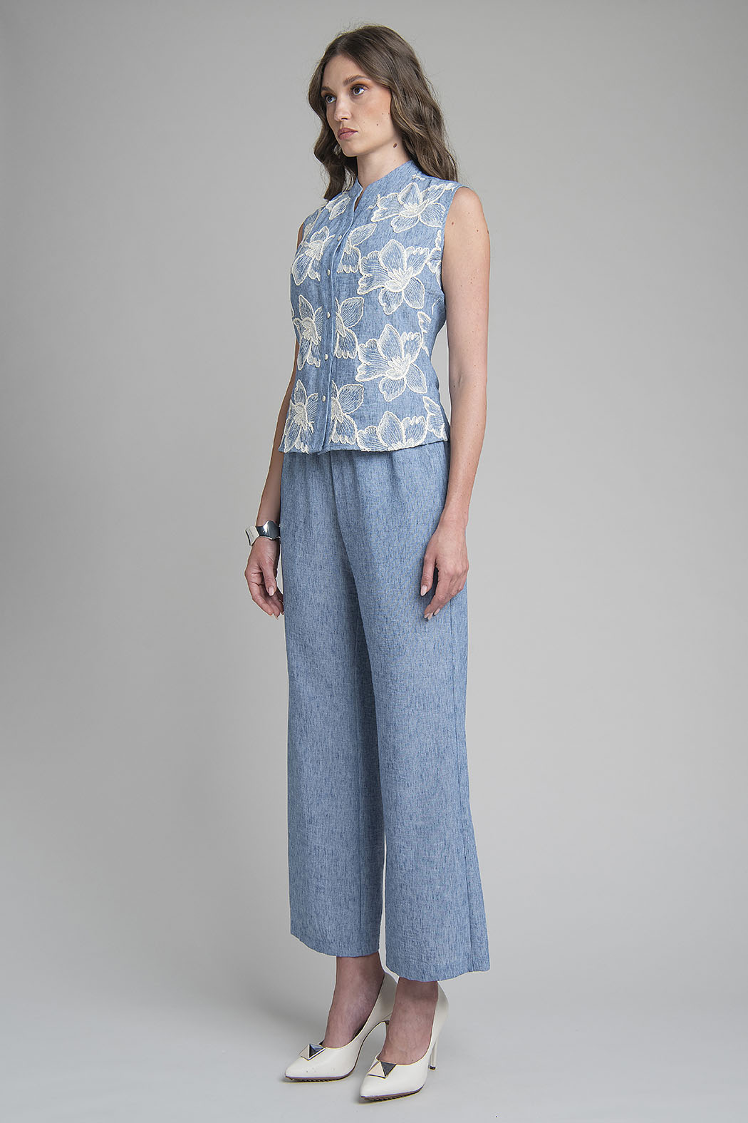 Conjunto De Blusa Sin Mangas Estampada Y Pantalon Liso