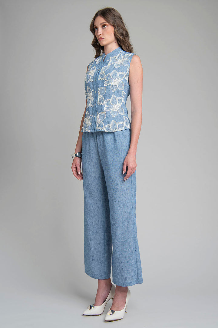 Conjunto De Blusa Sin Mangas Estampada Y Pantalon Liso