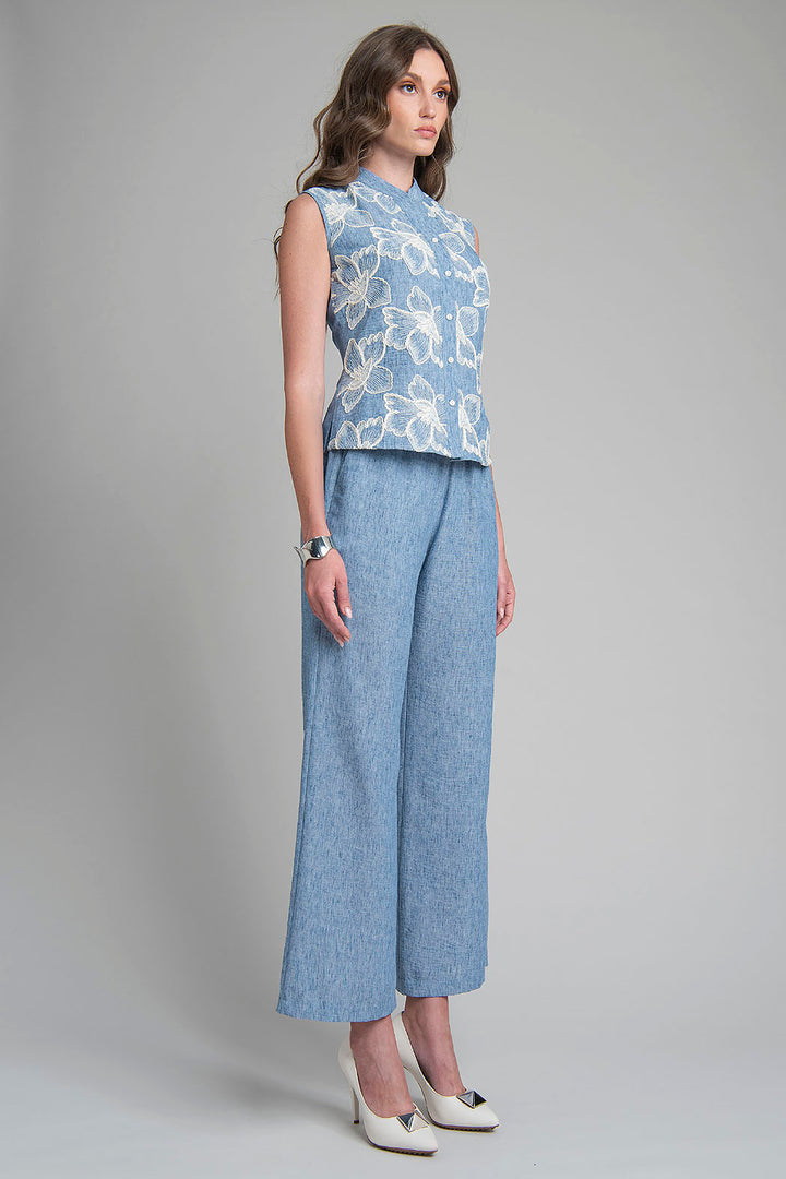 Conjunto De Blusa Sin Mangas Estampada Y Pantalon Liso