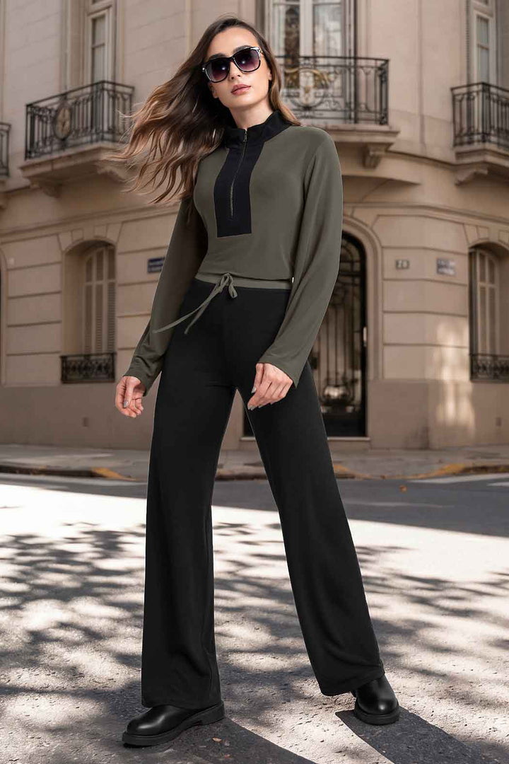 Conjunto De Pantalon Liso Y Blusa Con Cierre En Pecho
