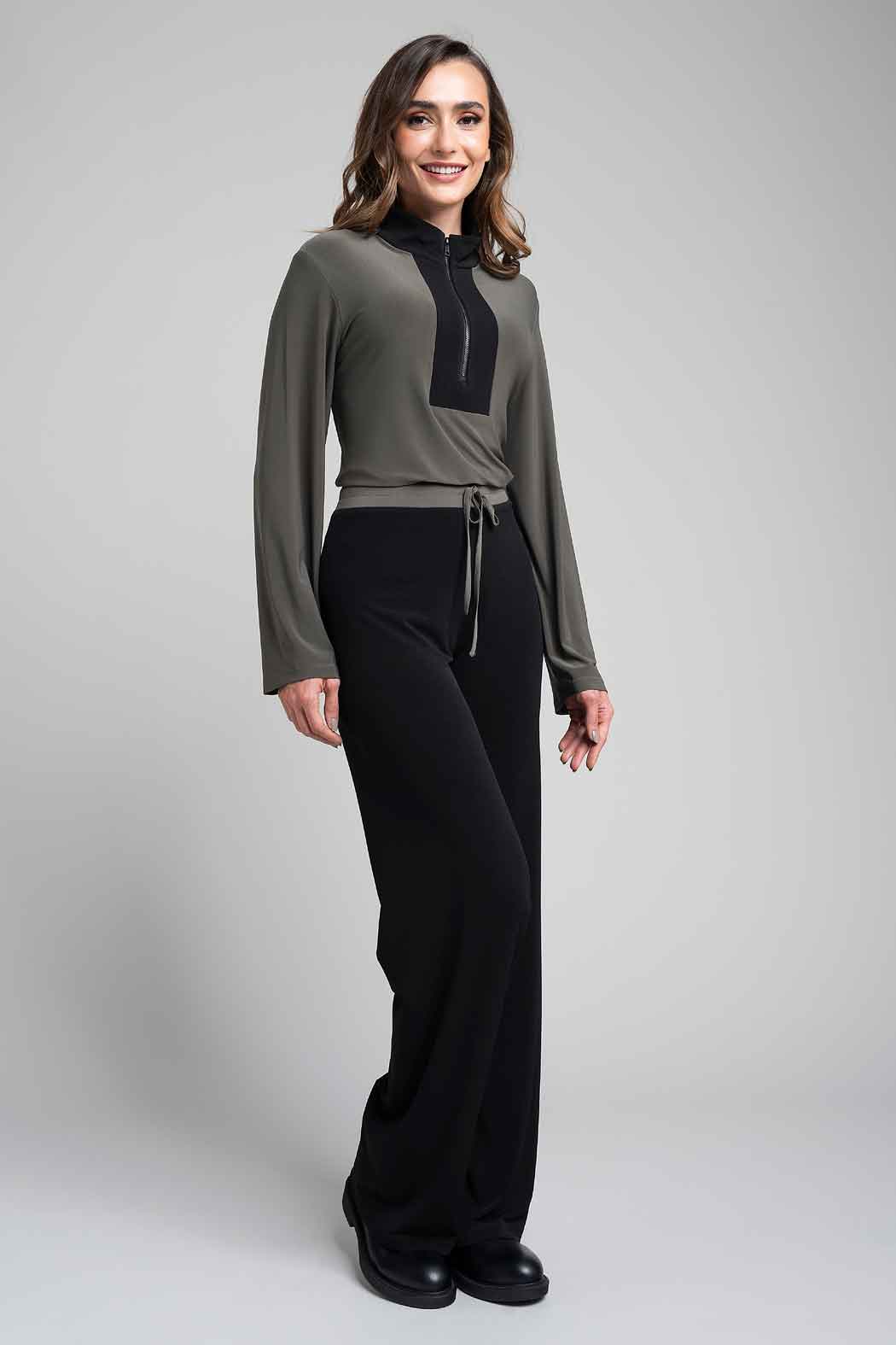 Conjunto De Pantalon Liso Y Blusa Con Cierre En Pecho