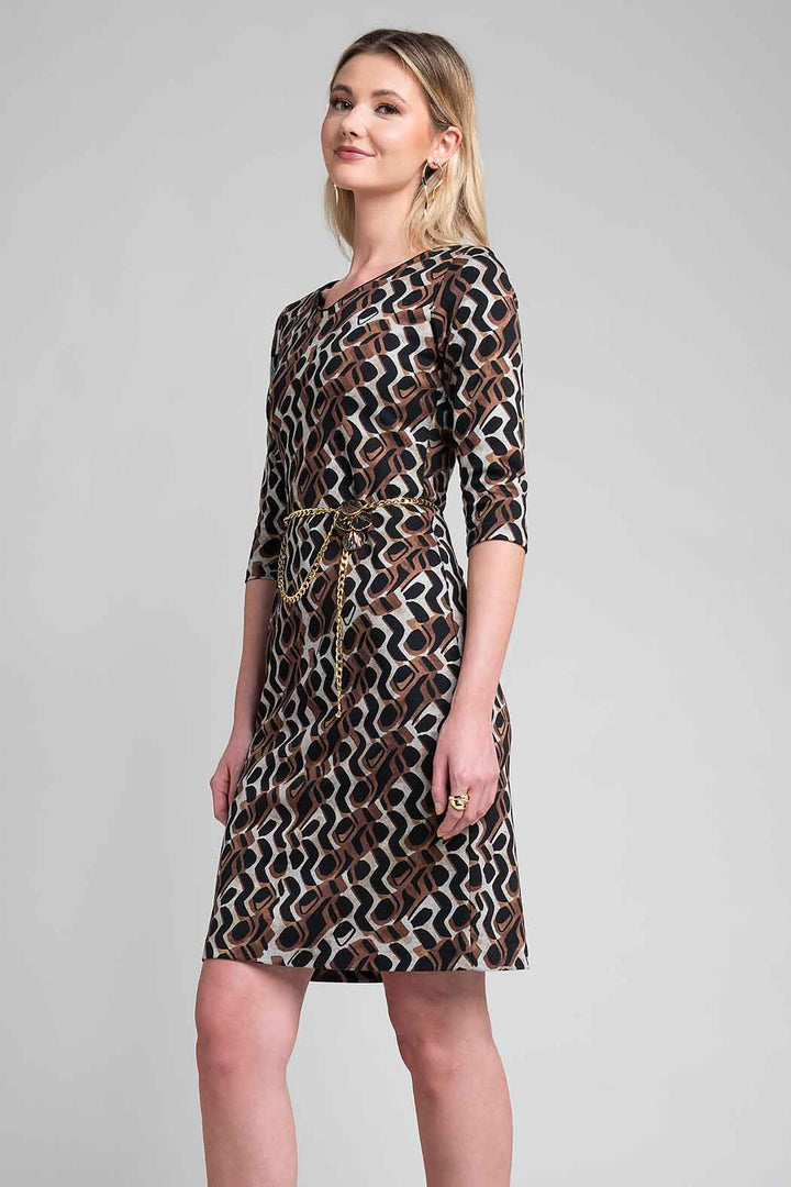 Vestido Estampado Con Manga 3/4 Y Cinturon