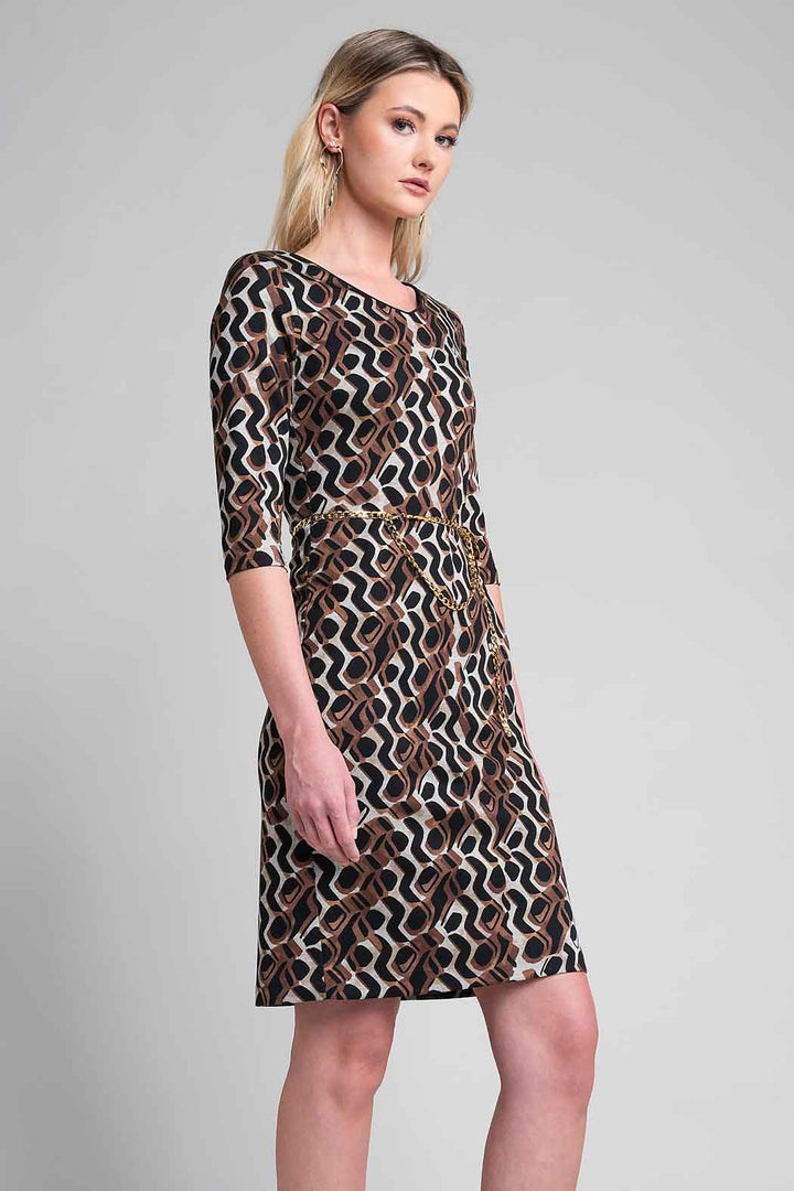 Vestido Estampado Con Manga 3/4 Y Cinturon
