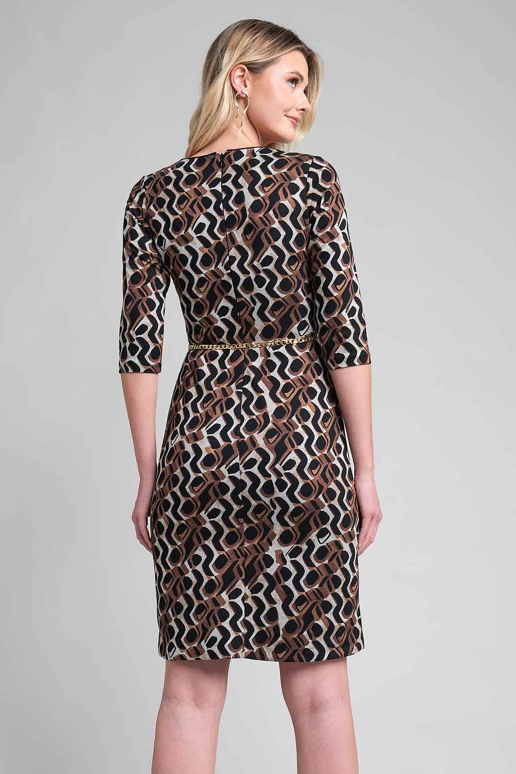 Vestido Estampado Con Manga 3/4 Y Cinturon