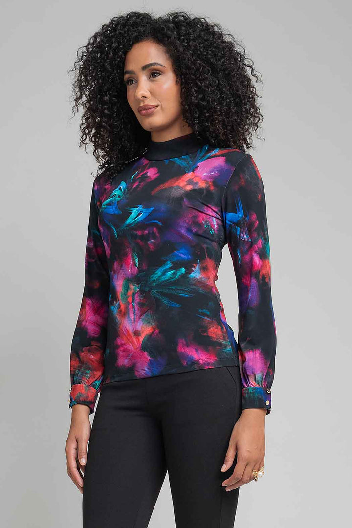 Blusa Estampada Con Cuello Alto Drapeado