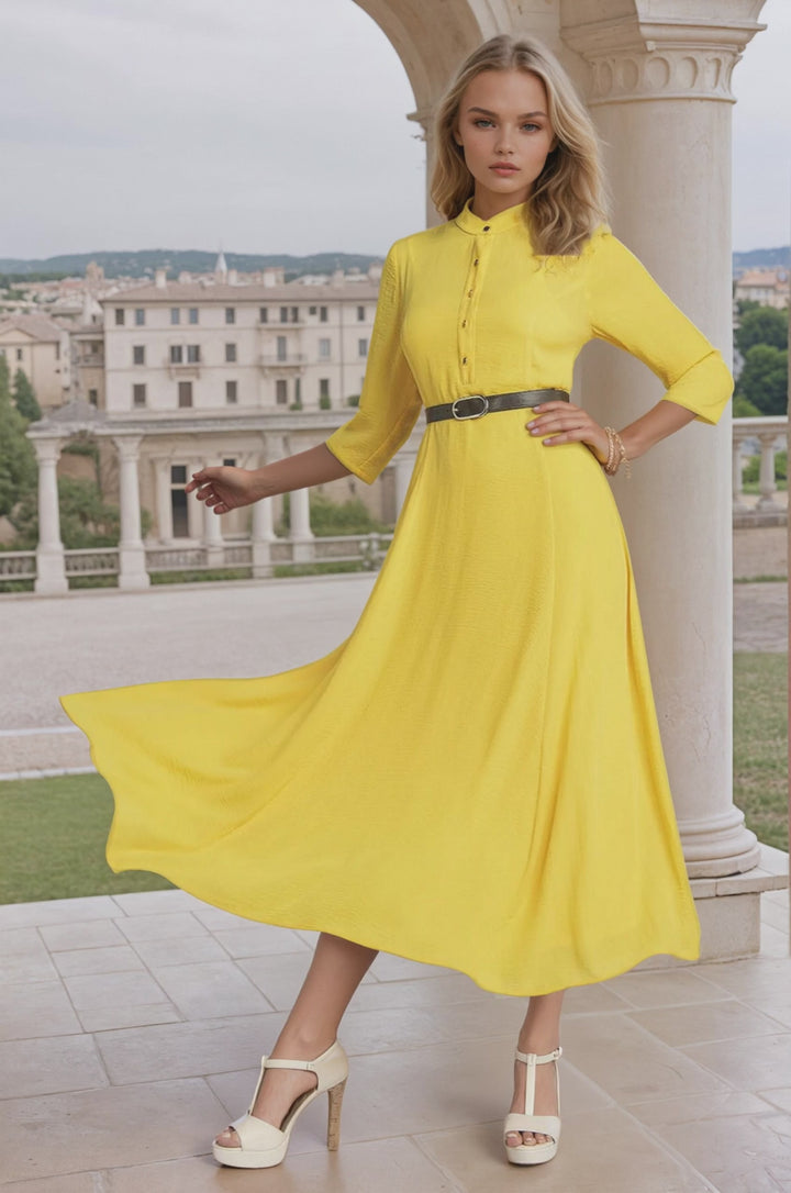 Vestido Largo Liso Con Botones En Cuello Manga 3/4 Y Cinturon