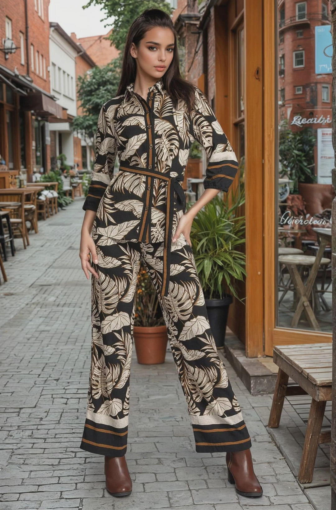 Conjunto De Pantalon Con Blusa Camisera Estampado