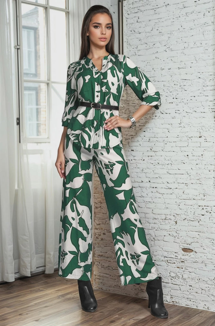 Conjunto De Pantalon Con Blusa Estampado Y Cinturon
